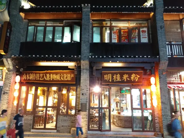 The image shows a group of people walking down a street in front of a building with glass doors and...