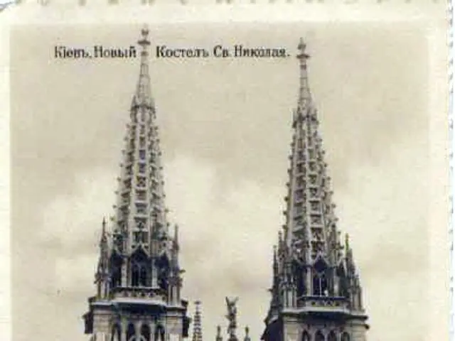 The image shows an old photo of a Gothic cathedral with two towers, set against a backdrop of a...