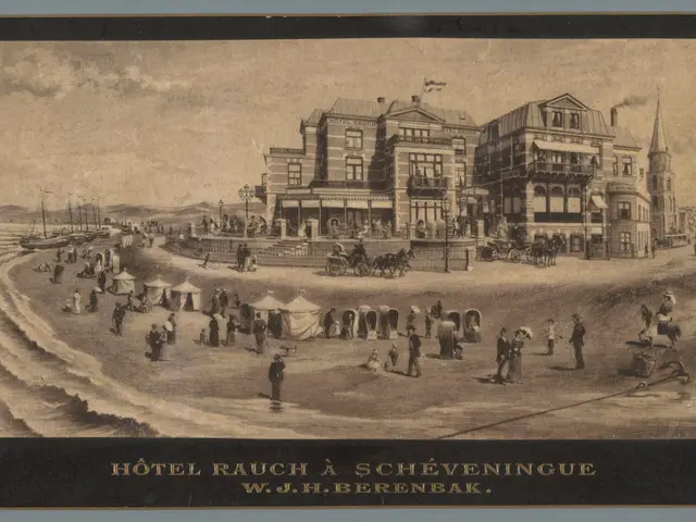 The image shows an old photo of a hotel on the beach, with a group of people standing on the...