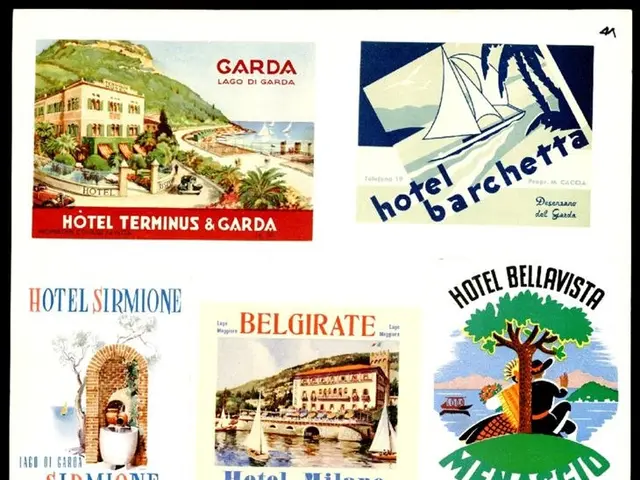 The image shows a poster with a black background featuring a bunch of different types of travel...