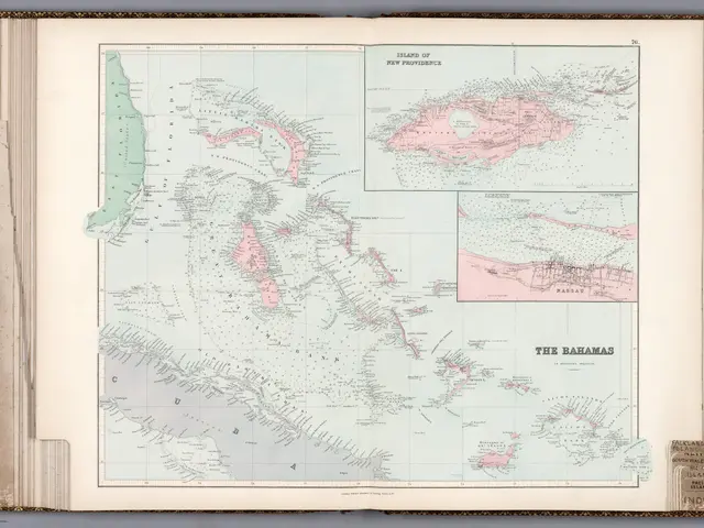 The image shows an open book with a map of the Bahamas on it. The map is detailed and shows the...