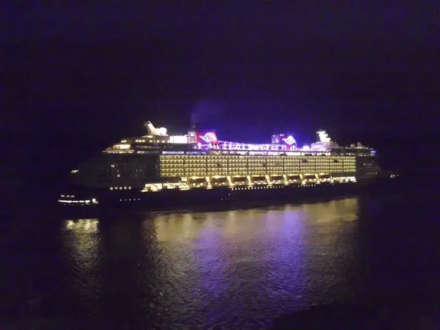 The image shows a large cruise ship, the Disney Magic, docked in the water at night. The ship is...