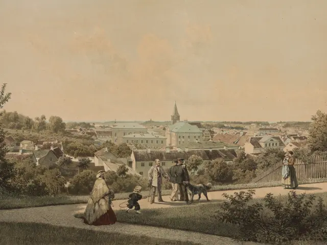 The image shows a group of people walking down a path in a park, with a dog accompanying them. The...