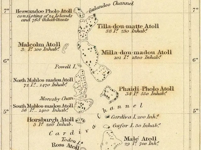 The image shows an old map of the Maldives with text and numbers on it. The map is detailed and...