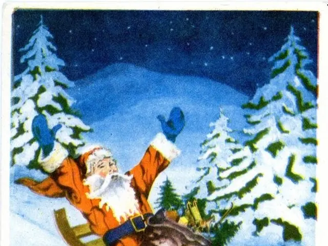 The image shows an old Russian Christmas card featuring Santa Claus on a sleigh, surrounded by...