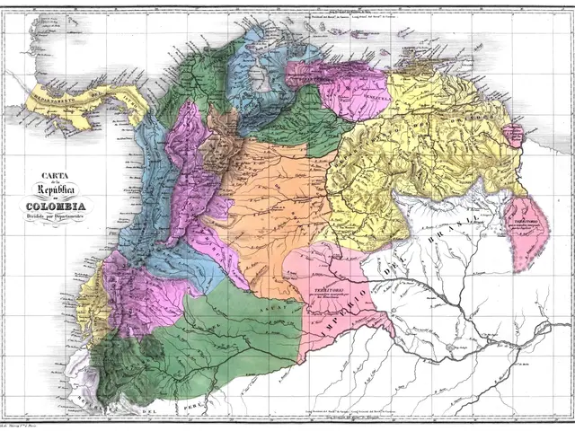 The image shows a poster of a map of Colombia with the provinces of Colombia highlighted in...