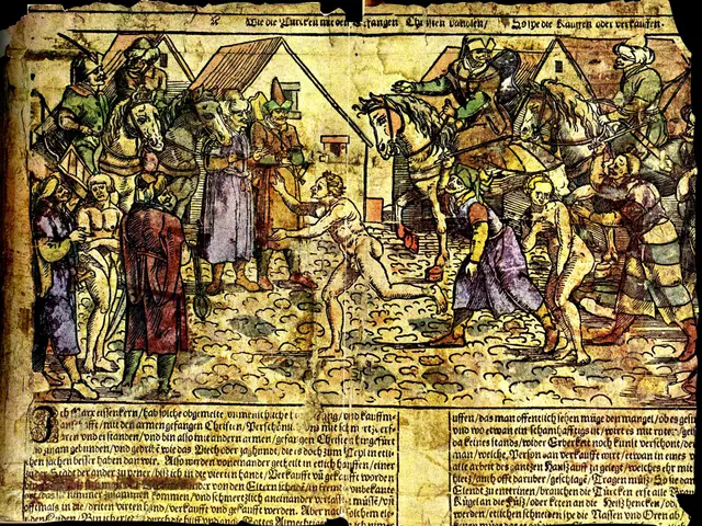 The image shows a medieval manuscript with a painting of a group of people on horseback, some of...