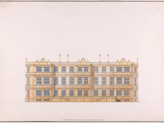 The image shows a drawing of a large building with many windows, which is the exterior of the Royal...