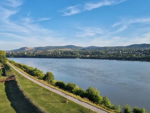 The image shows a view of the Danube River from the top of a hill. We can see the river winding...