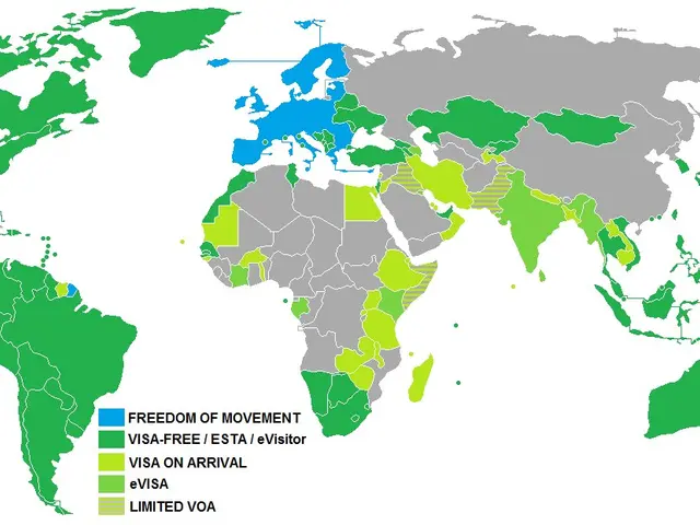 The image shows a map of the world with different countries highlighted in green and blue,...