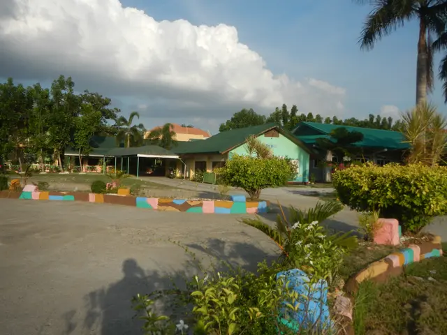 The image shows a resort with a lot of palm trees in front of it, surrounded by houses, plants,...
