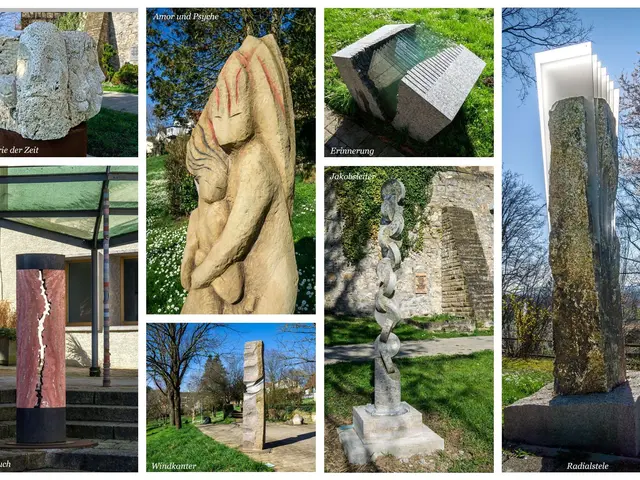 The image shows a collage of six pictures of sculptures in a park, surrounded by trees, grass, and...