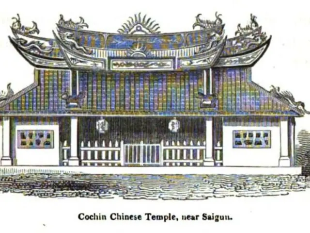 The image shows a drawing of a Chinese temple near Saigon, with a white background and something...