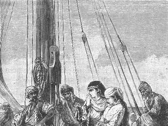 The image shows a black and white engraving of a group of people on the deck of a ship, with ropes...