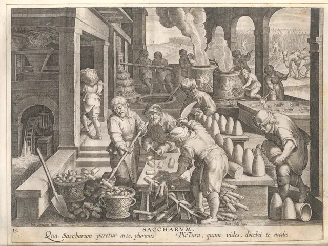 The image shows an engraving of a group of people working in a factory, with some of them holding...
