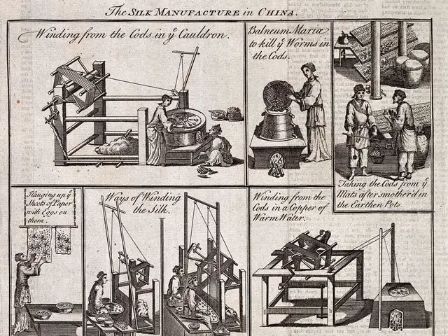 The image shows a paper with pictures of people and text on it, depicting the silk manufacture in...